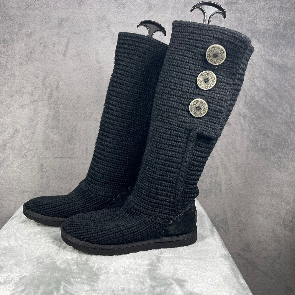 UGG Australia Classic Cardy 5819 Black Knit Sweater Tall Boots Womens 6 3 Button